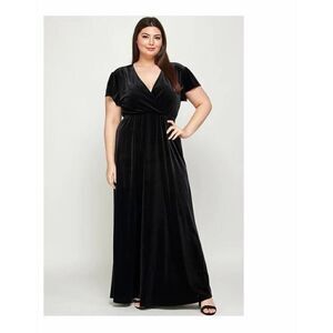 See N Be Seen Women's Velvet Short Sleeve V Neck Wrap Maxi Dress Black Size 1X
